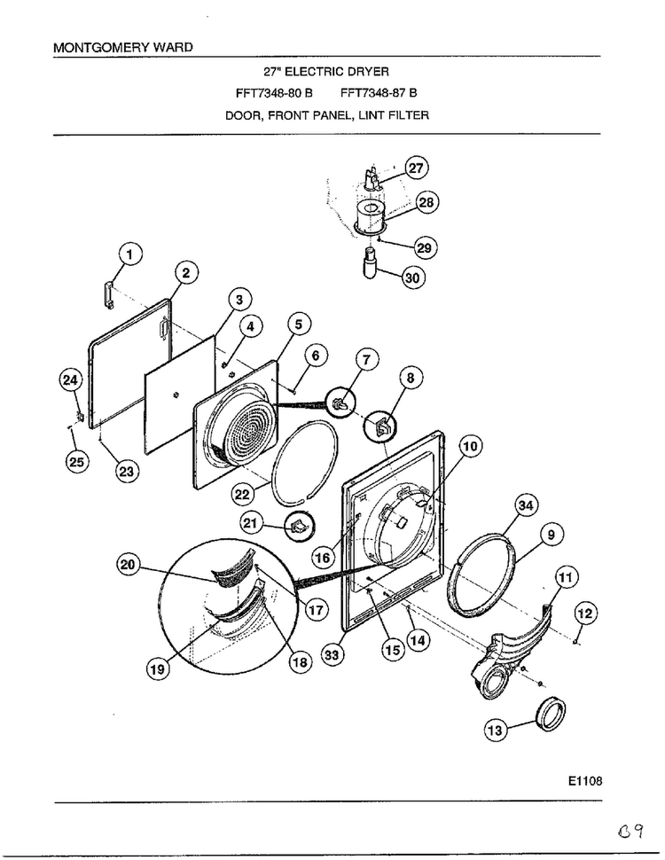 Door, Front Panel, Lint Filter Diagram and Parts List for 7348B  Frigidaire Dryer