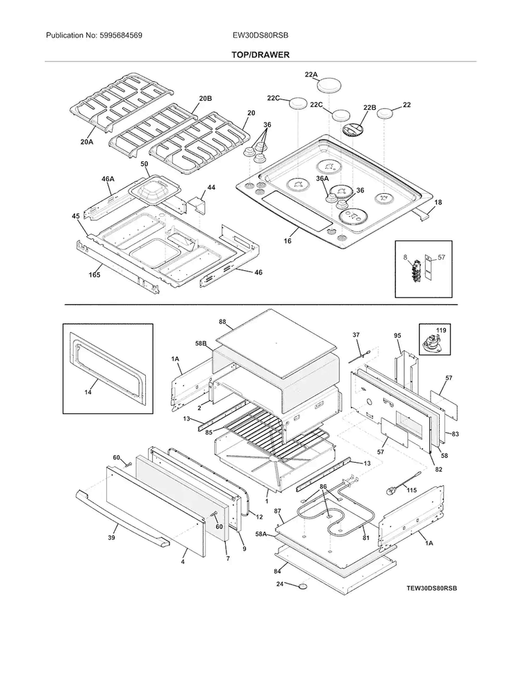 Top/drawer Diagram and Parts List for EW30DS80RSB  Electrolux Range