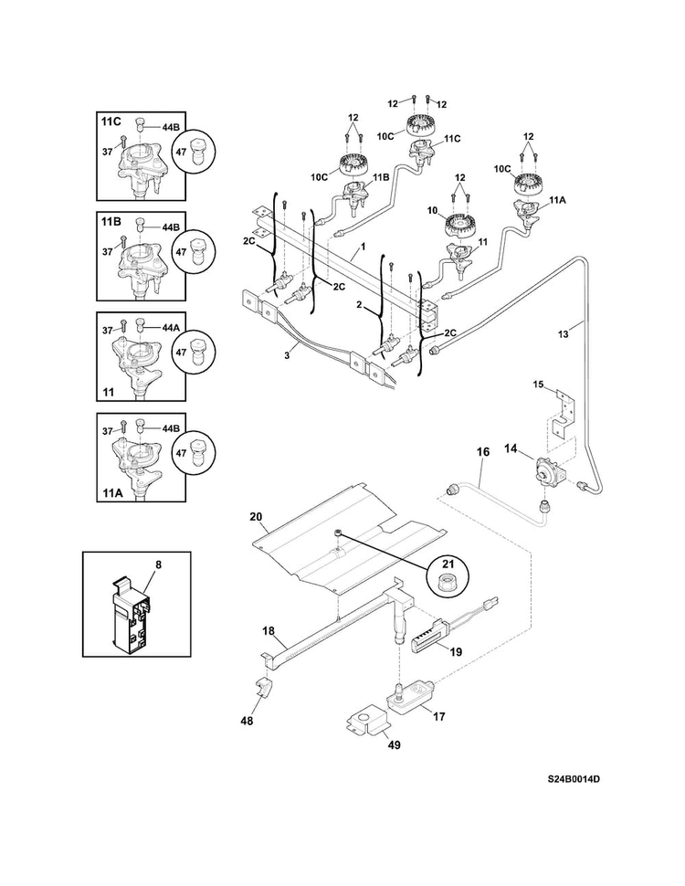 Burner Diagram and Parts List for TGF351RBA  Tappan Range