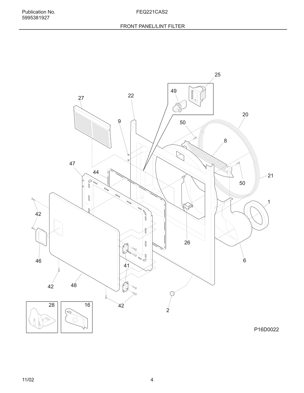 Front Panel/Lint Filter Diagram and Parts List for FEQ221CAS2  Frigidaire Dryer