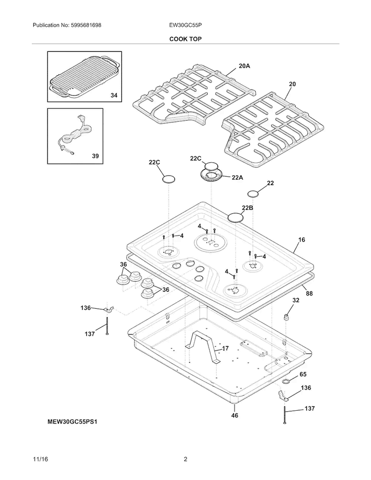 Main Top Diagram and Parts List for EW30GC55PS1  Electrolux Cooktop