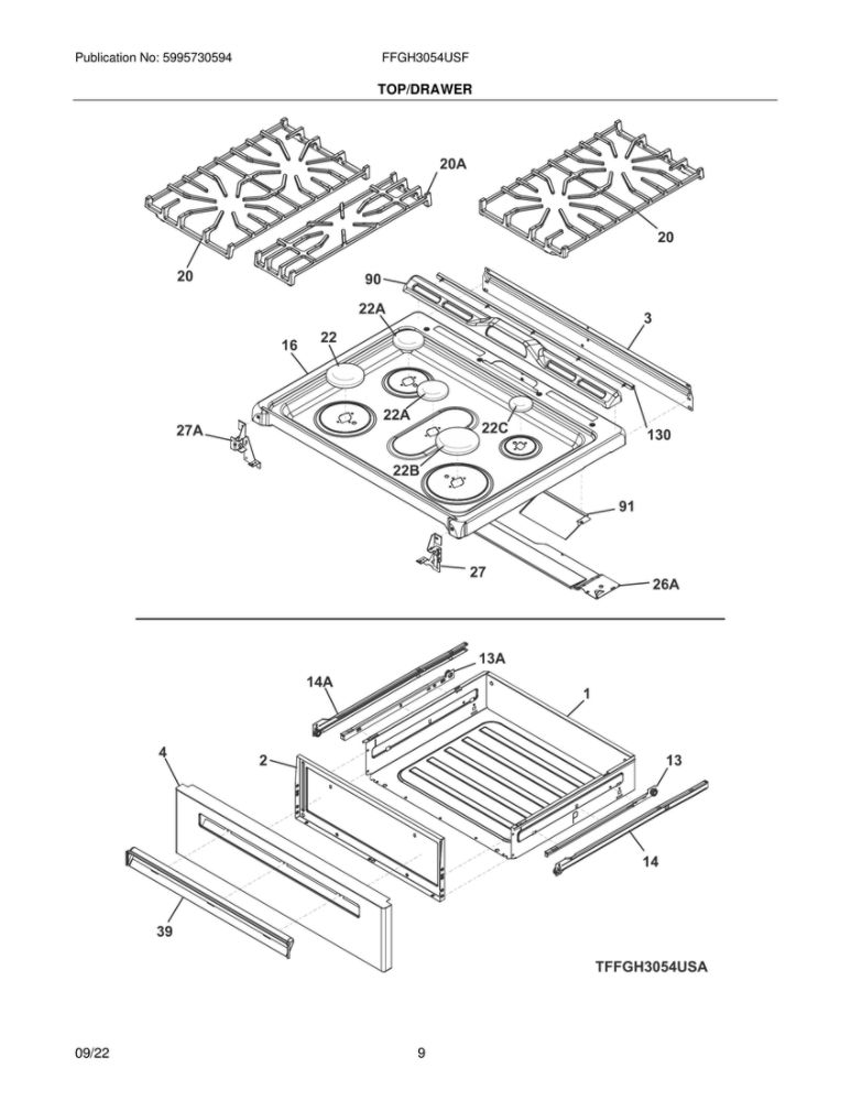 Top/Drawer Diagram and Parts List for FFGH3054USF  Frigidaire Range