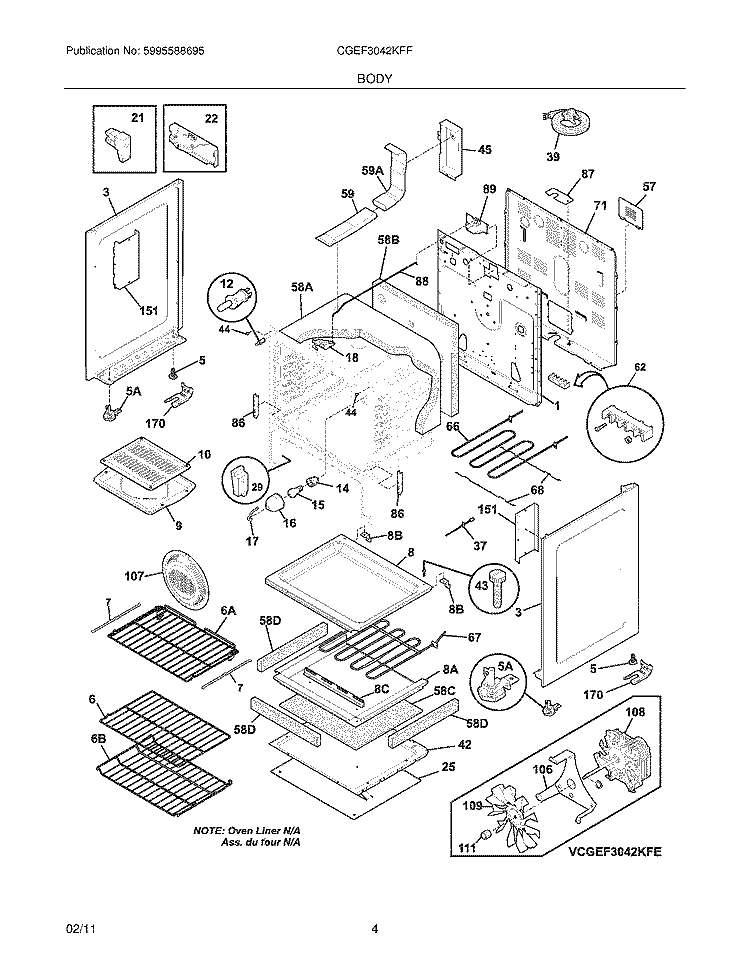 BODY Diagram and Parts List for CGEF3042KFF  Frigidaire Range