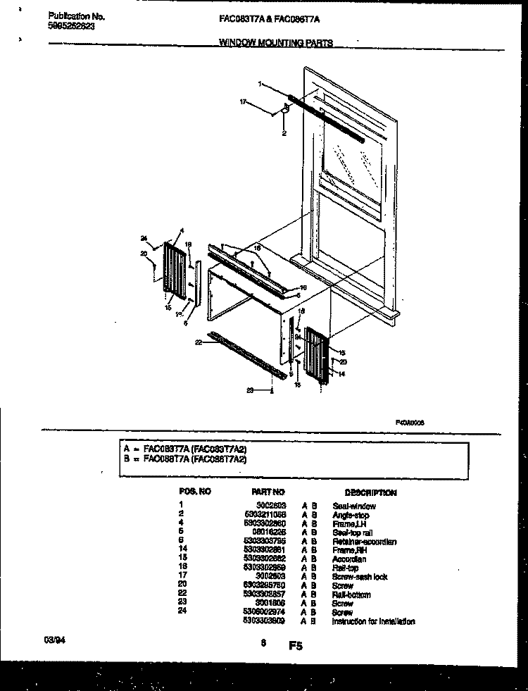 WINDOW MOUNTING PARTS Diagram and Parts List for FAC086T7A2  Frigidaire Air Conditioner