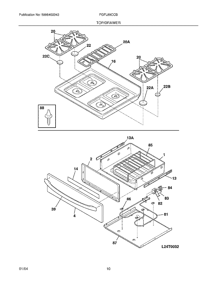 TOP / DRAWER Diagram and Parts List for FGFL89CCB  Frigidaire Range