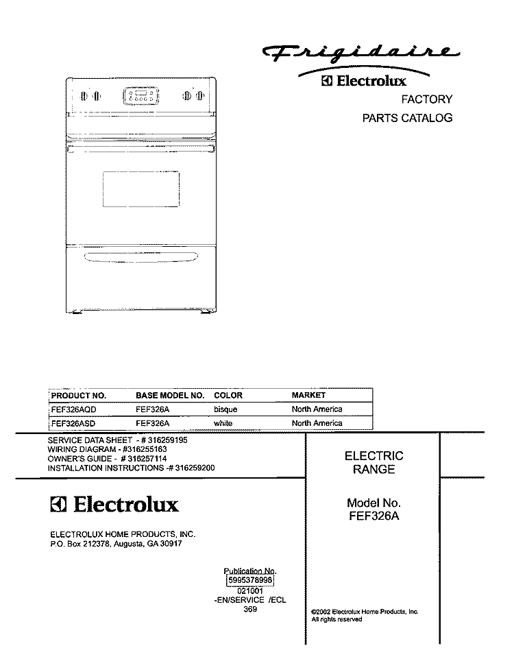 COVER Diagram and Parts List for FEF326AQD  Frigidaire Range