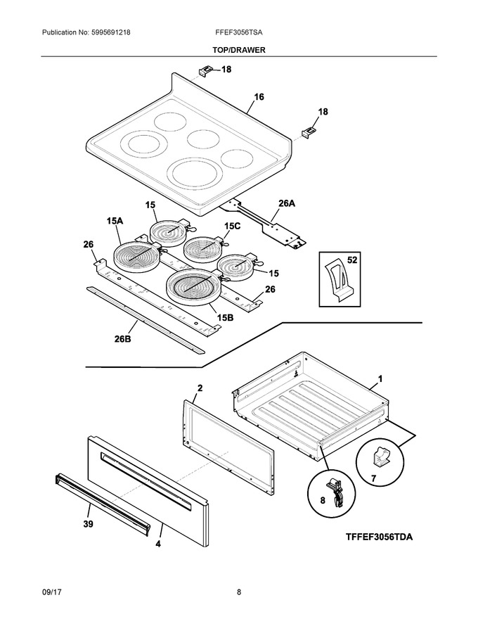 Top/Drawer Diagram and Parts List for FFEF3056TSA  Frigidaire Range