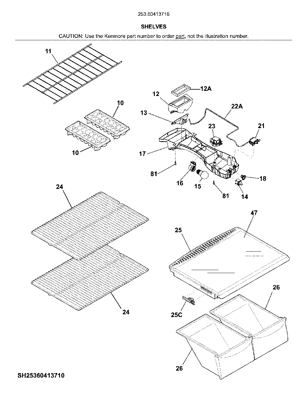 Shelves Diagram and Parts List for 25360413716  Kenmore Refrigerator
