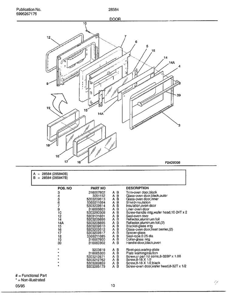 Door Diagram and Parts List for 285847B  Frigidaire Range
