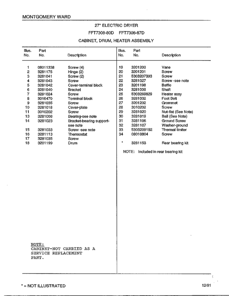Cabinet/drum/heater Assembly Page 2 Diagram and Parts List for 7308-87D  Frigidaire Dryer