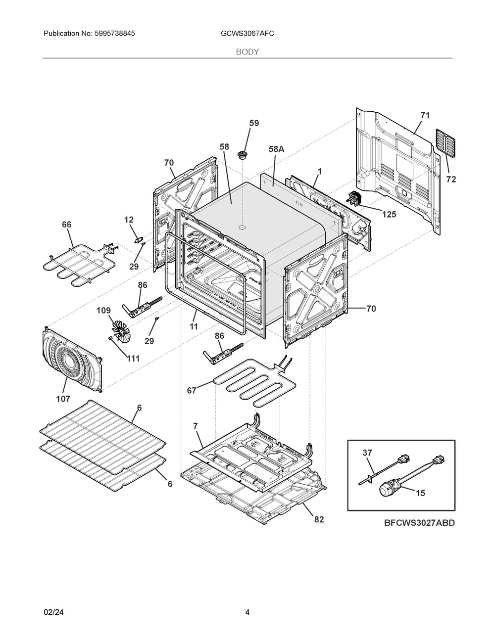 Body Diagram and Parts List for GCWS3067AFC  Frigidaire Wall Oven
