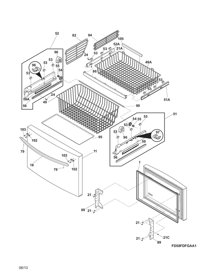Freezer Drawer, Baskets Diagram and Parts List for FGHB2844LEC  Frigidaire Refrigerator