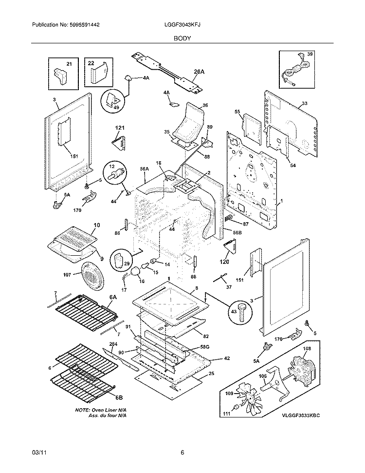 BODY Diagram and Parts List for LGGF3043KFJ  Frigidaire Range