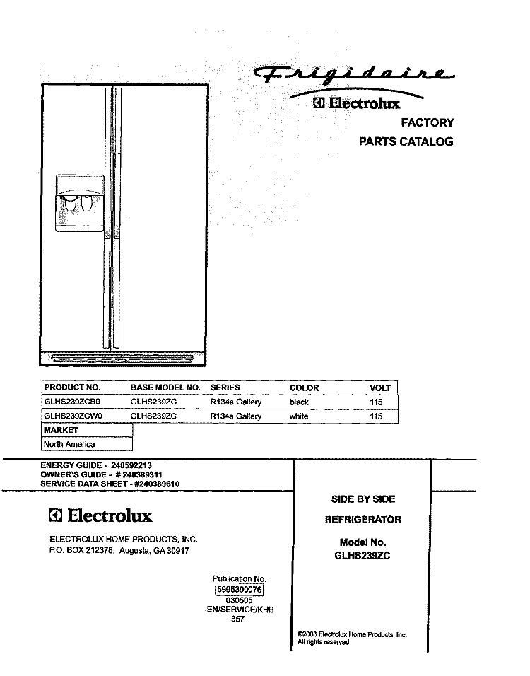 COVER Diagram and Parts List for GLHS239ZCW0  Frigidaire Refrigerator