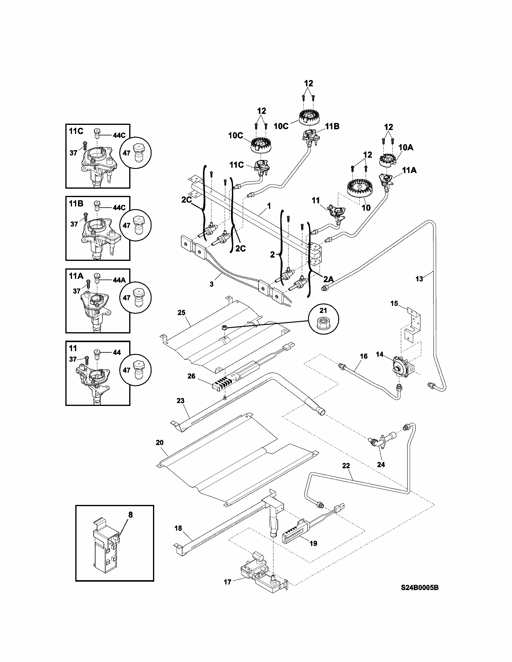 Burner Diagram and Parts List for 79074039311  Kenmore Range