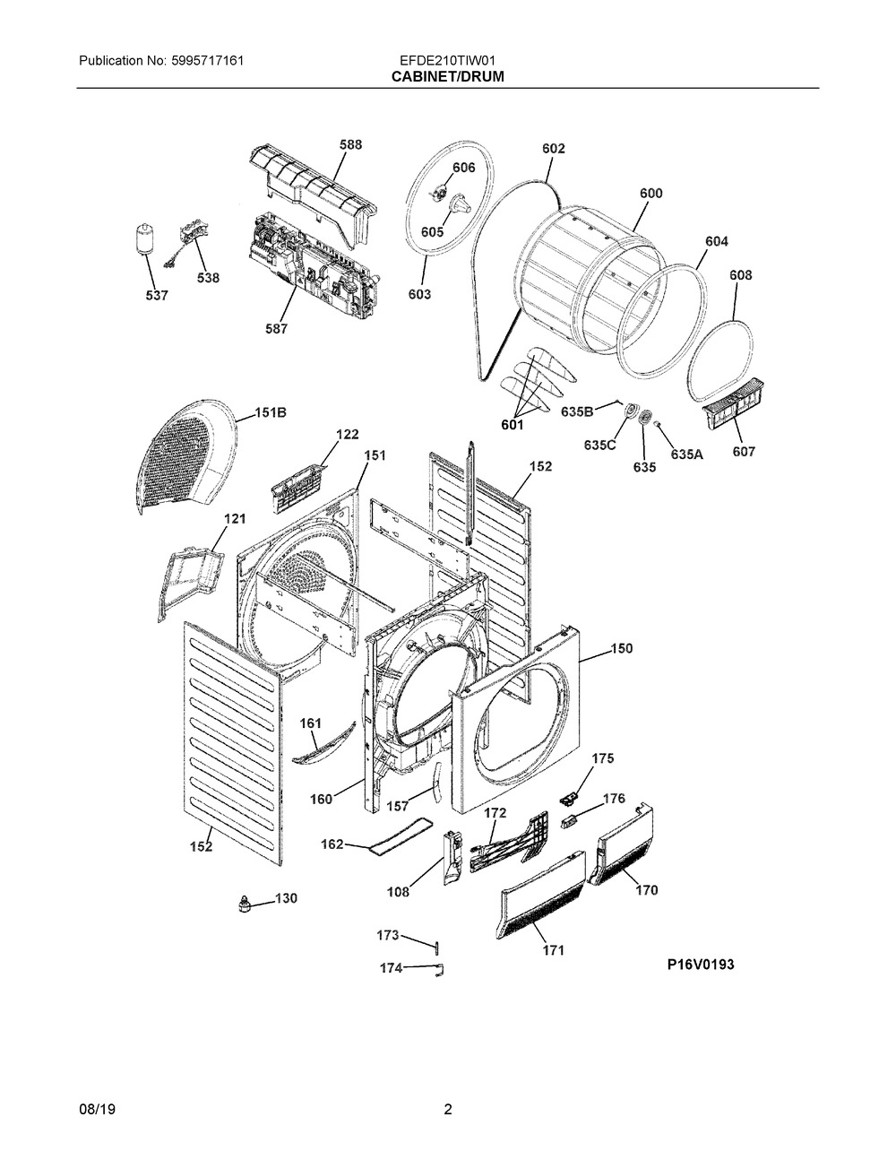 Cabinet/drum Diagram and Parts List for EFDE210TIW01  Frigidaire Dryer
