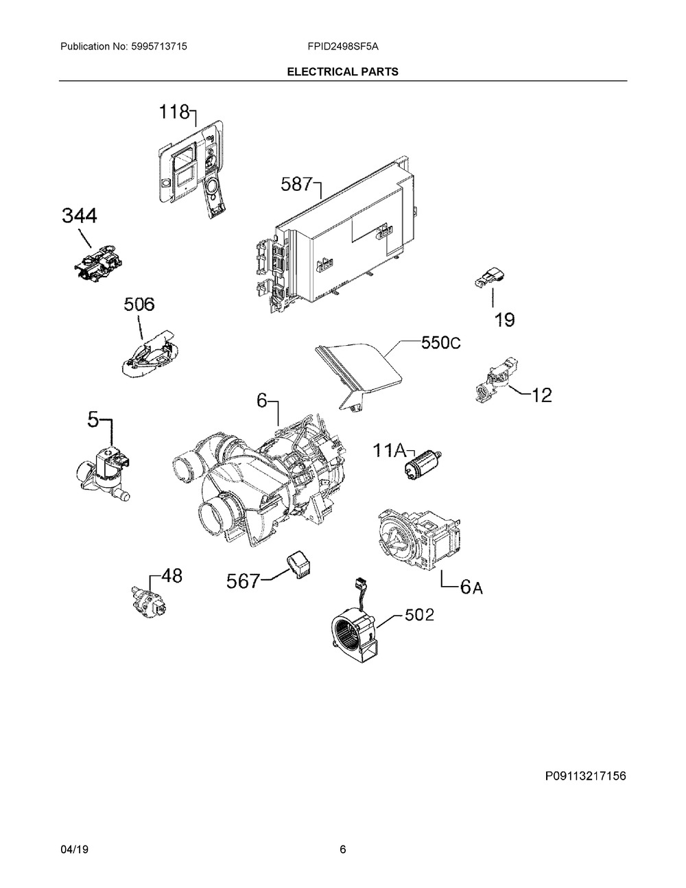 Electrical Parts Diagram and Parts List for FPID2498SF5A  Frigidaire Dishwasher