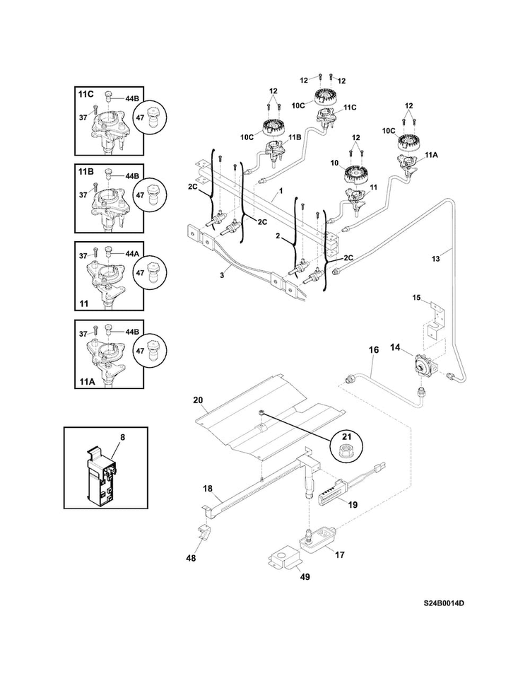Burner Diagram and Parts List for FFGF3015LBE  Frigidaire Range