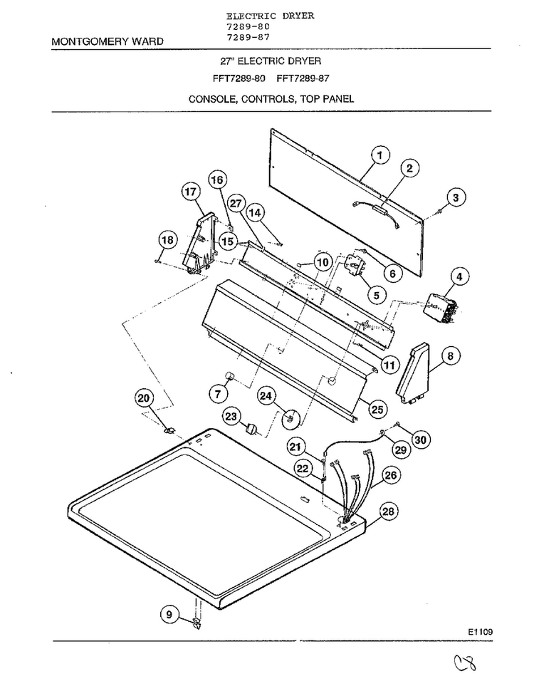Console, Controls, Top Panel Diagram and Parts List for 7289-80  Frigidaire Dryer