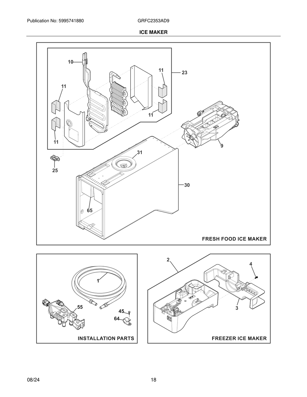 Ice Maker Diagram and Parts List for GRFC2353AD9  Frigidaire Freezer