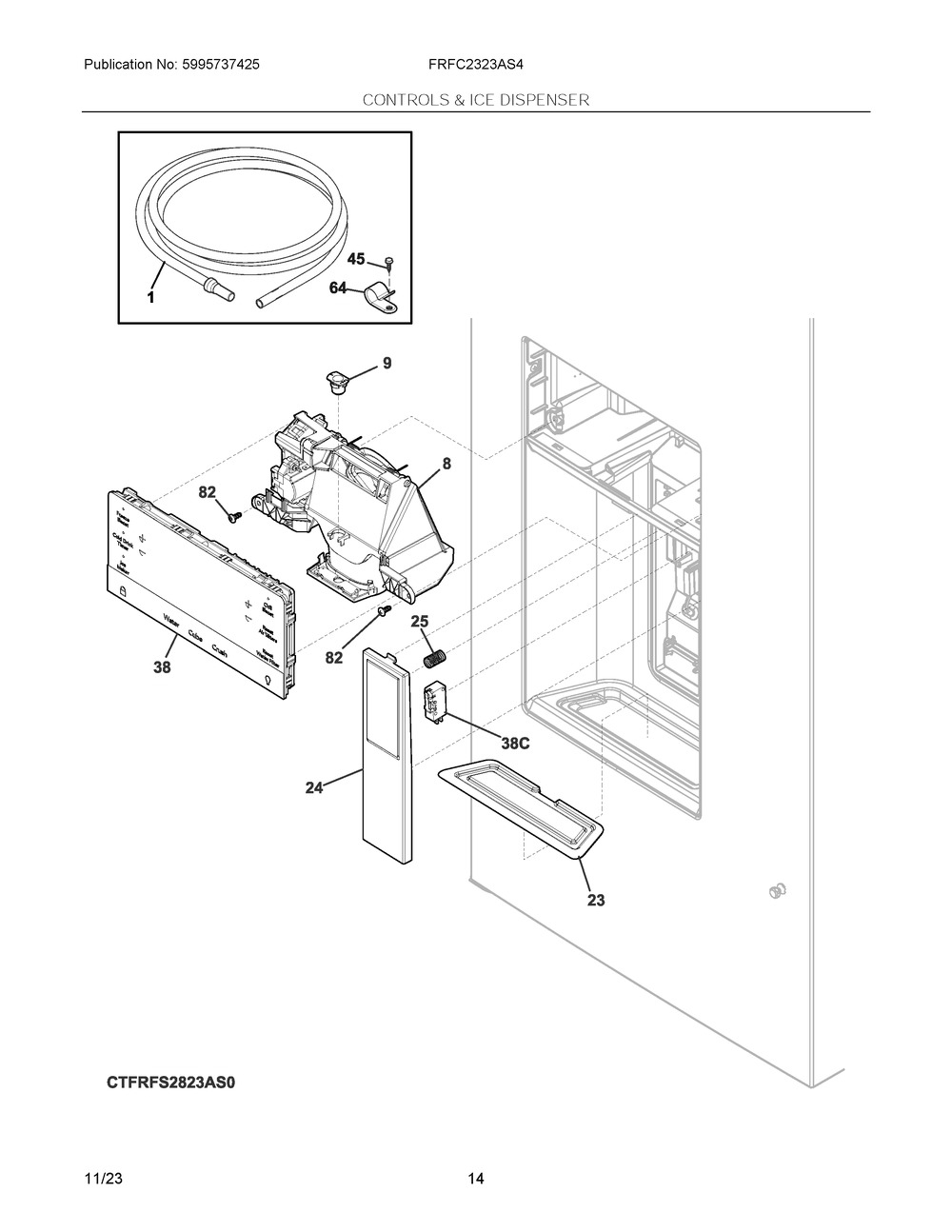 Controls And Ice Dispenser Diagram and Parts List for FRFC2323AS4  Frigidaire Refrigerator
