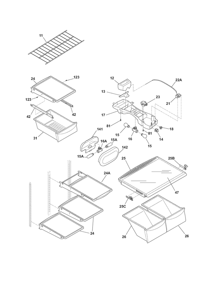 Shelves Diagram and Parts List for CGHT1846PF0  Frigidaire Refrigerator