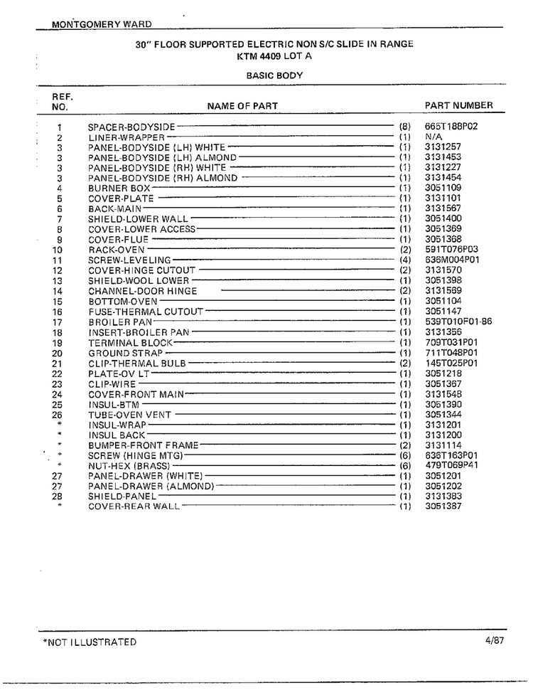 30" Floor Supported Basic Body Page 2 Diagram and Parts List for 4409A  Frigidaire Range