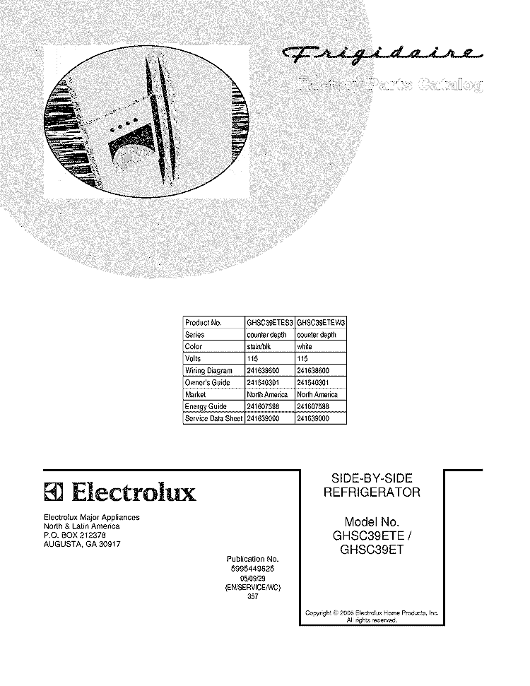COVER Diagram and Parts List for GHSC39ETEW3  Frigidaire Refrigerator