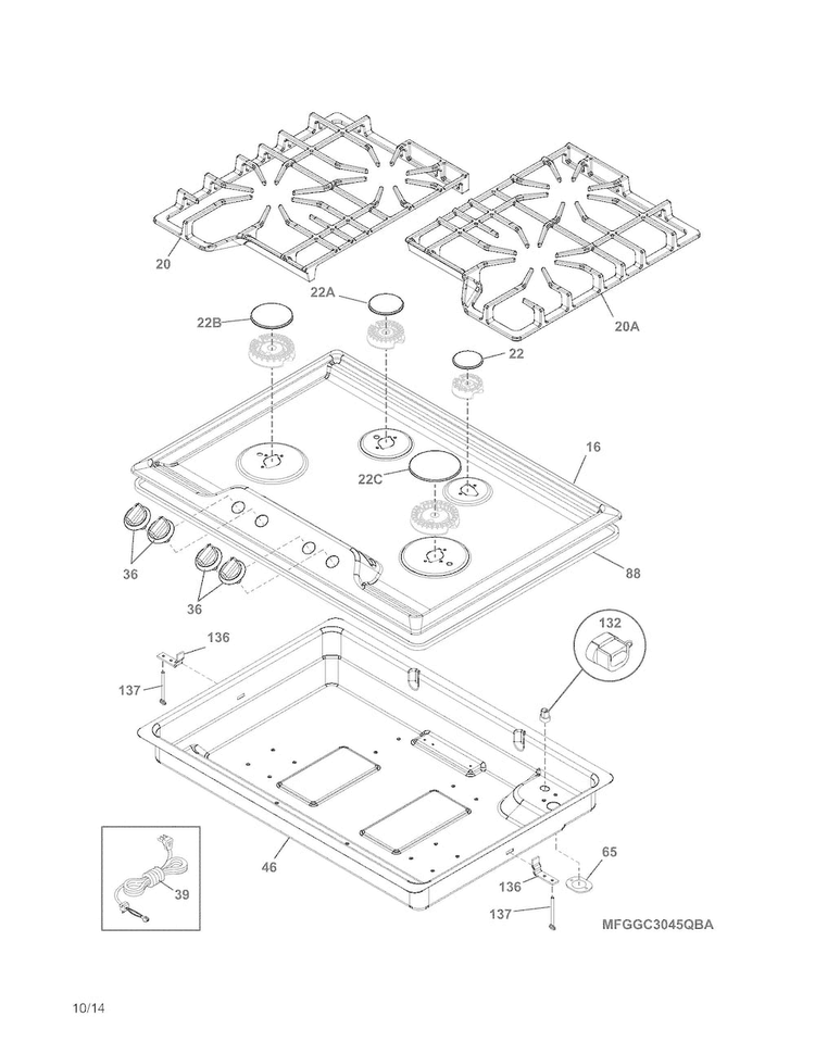 Cook Top Diagram and Parts List for FGGC3045QWA  Frigidaire Cooktop