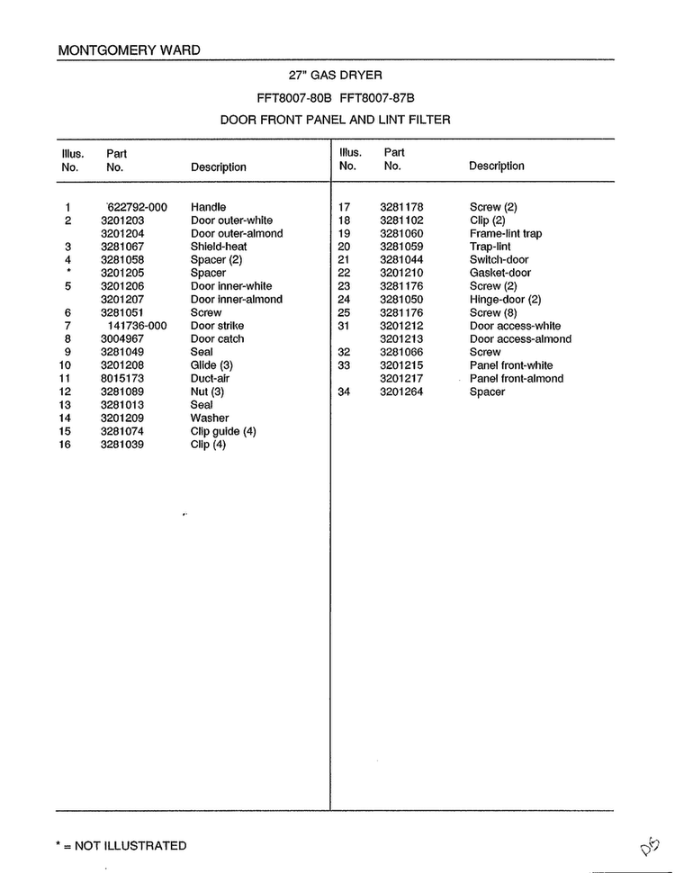 Gas Dryer/door Front Panel And Lint Filter Page 2 Diagram and Parts List for 8007B  Frigidaire Dryer