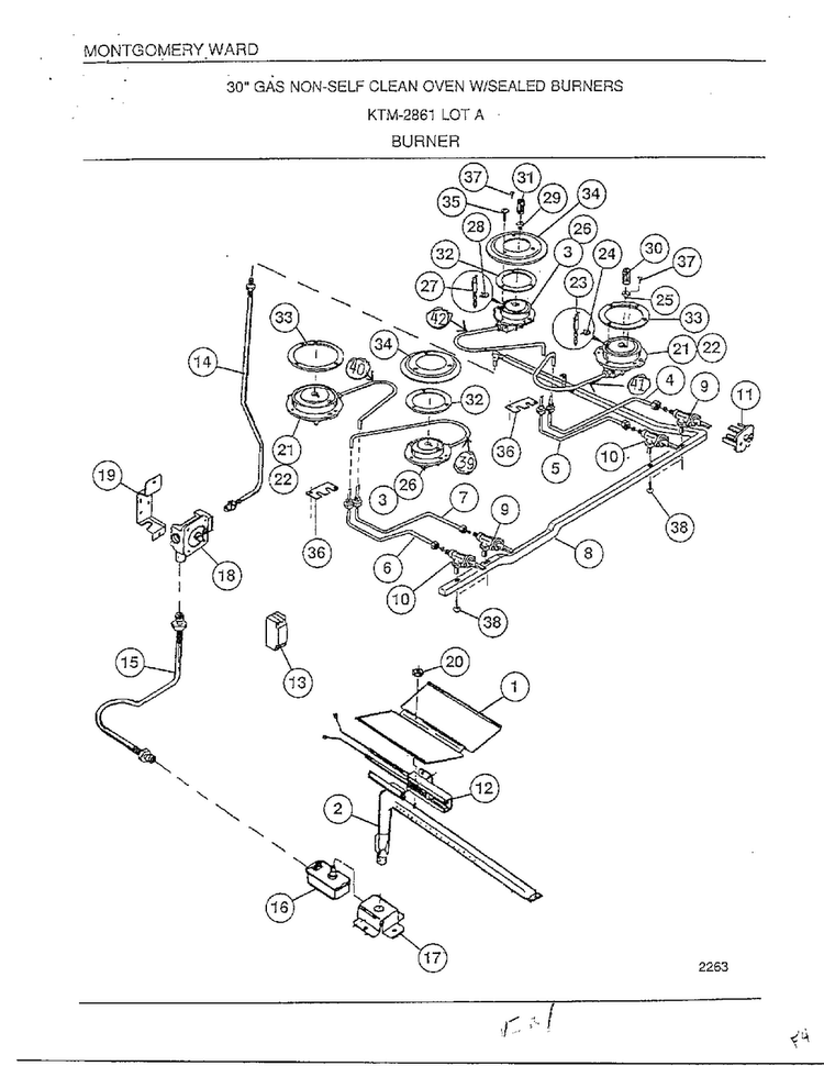 Burner Diagram and Parts List for 2861A  Frigidaire Range