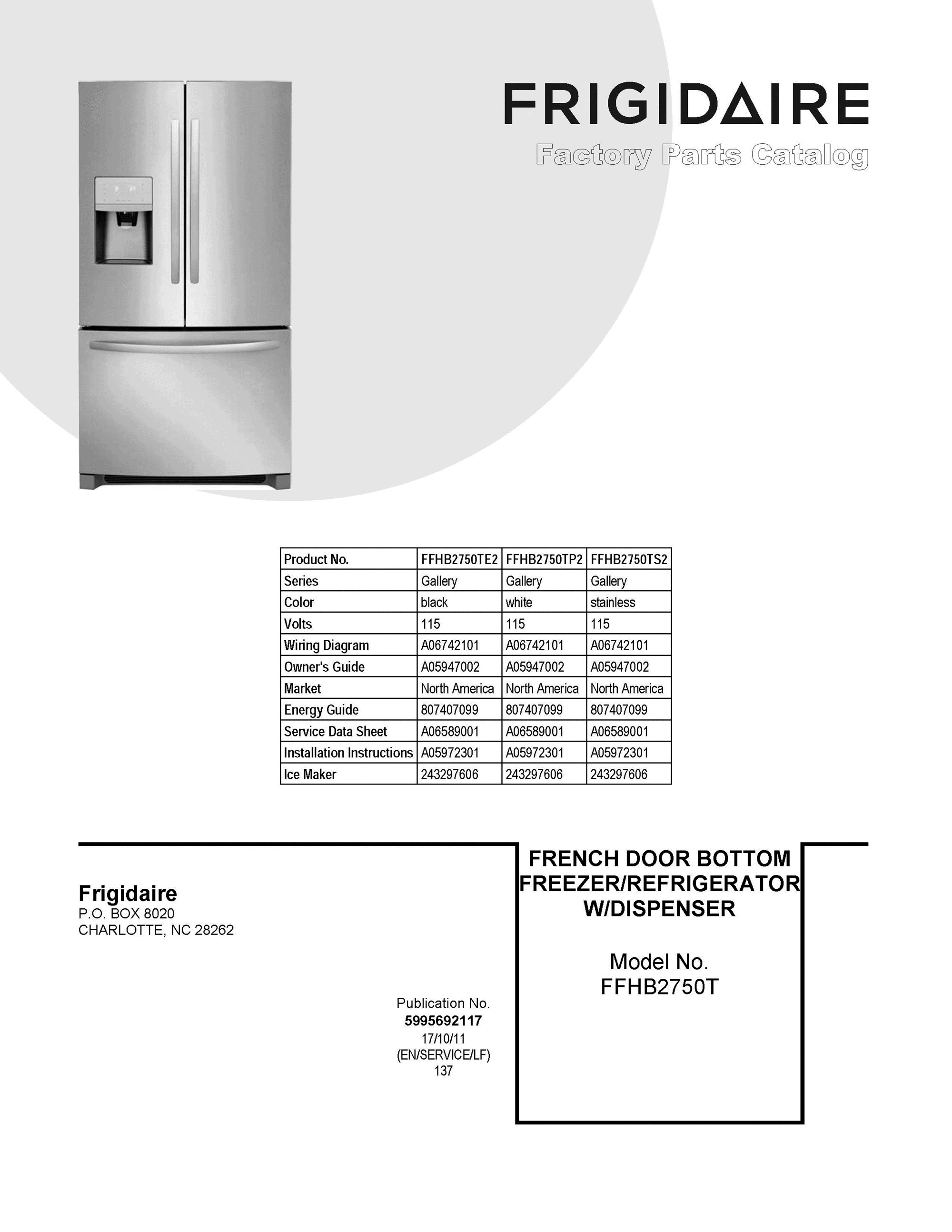 01 - COVER SHEET Diagram and Parts List for FFHB2750TE2  Frigidaire Refrigerator