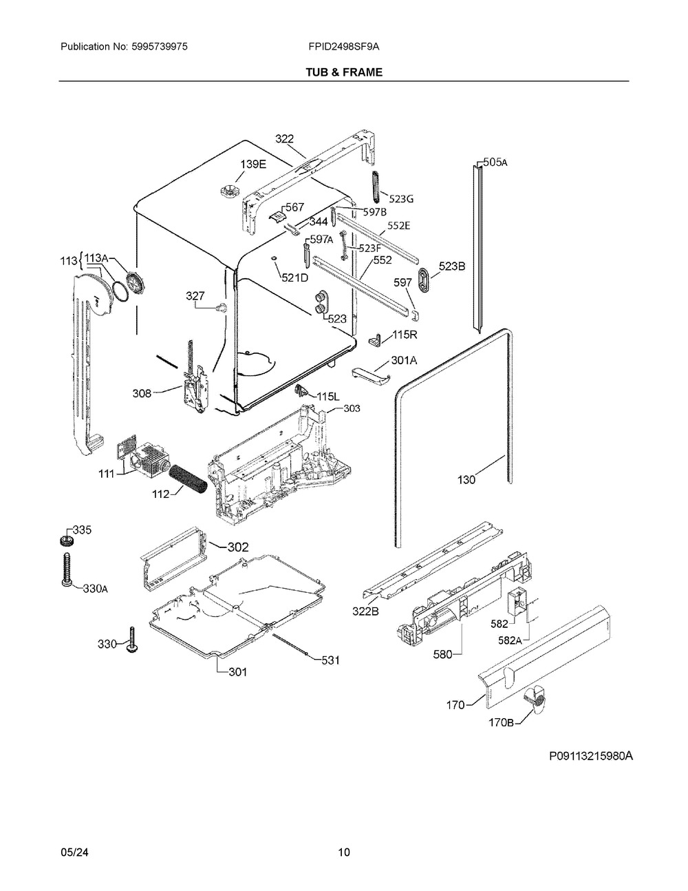 Tub And Frame Diagram and Parts List for FPID2498SF9A  Frigidaire Dishwasher