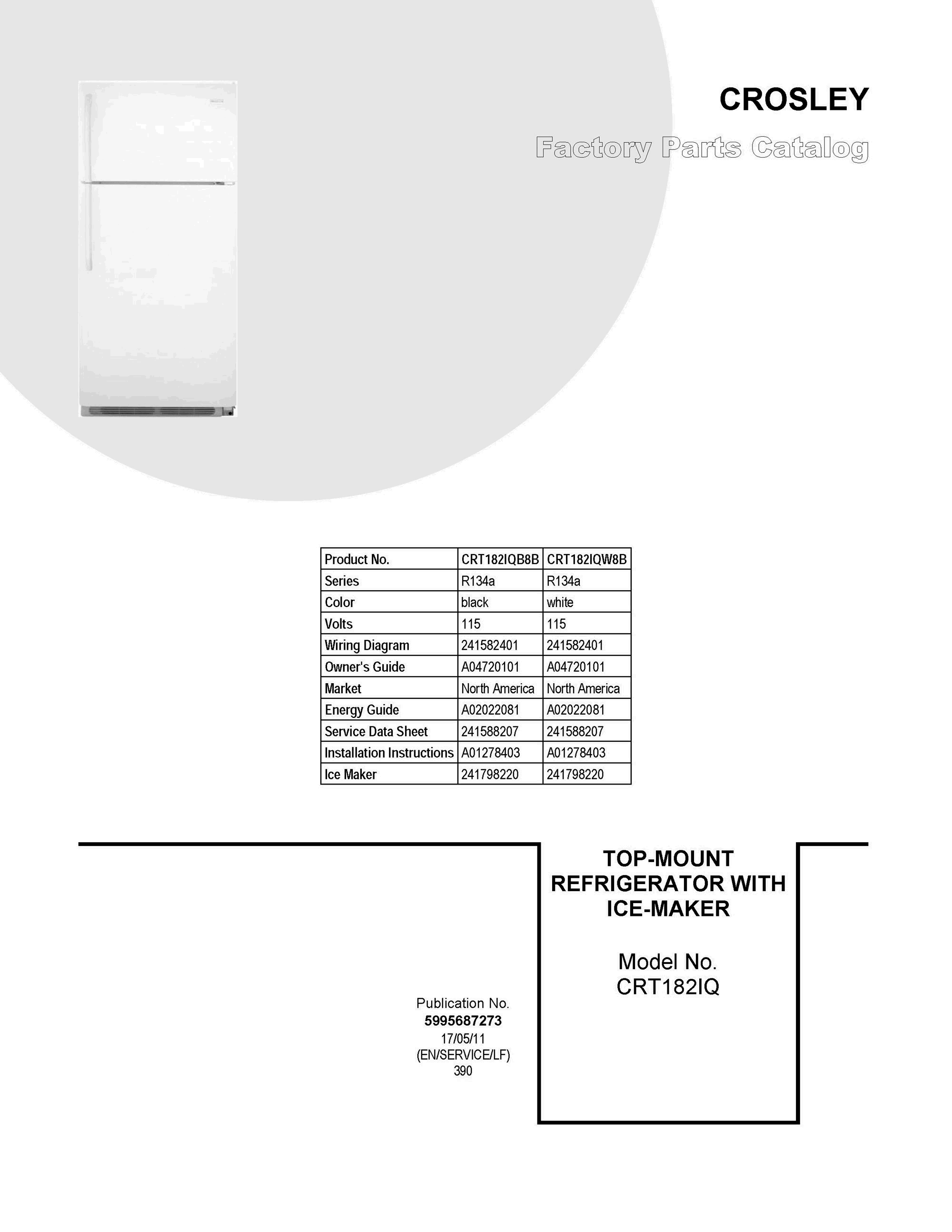 01 - COVER SHEET Diagram and Parts List for CRT182IQB8B  Frigidaire Refrigerator