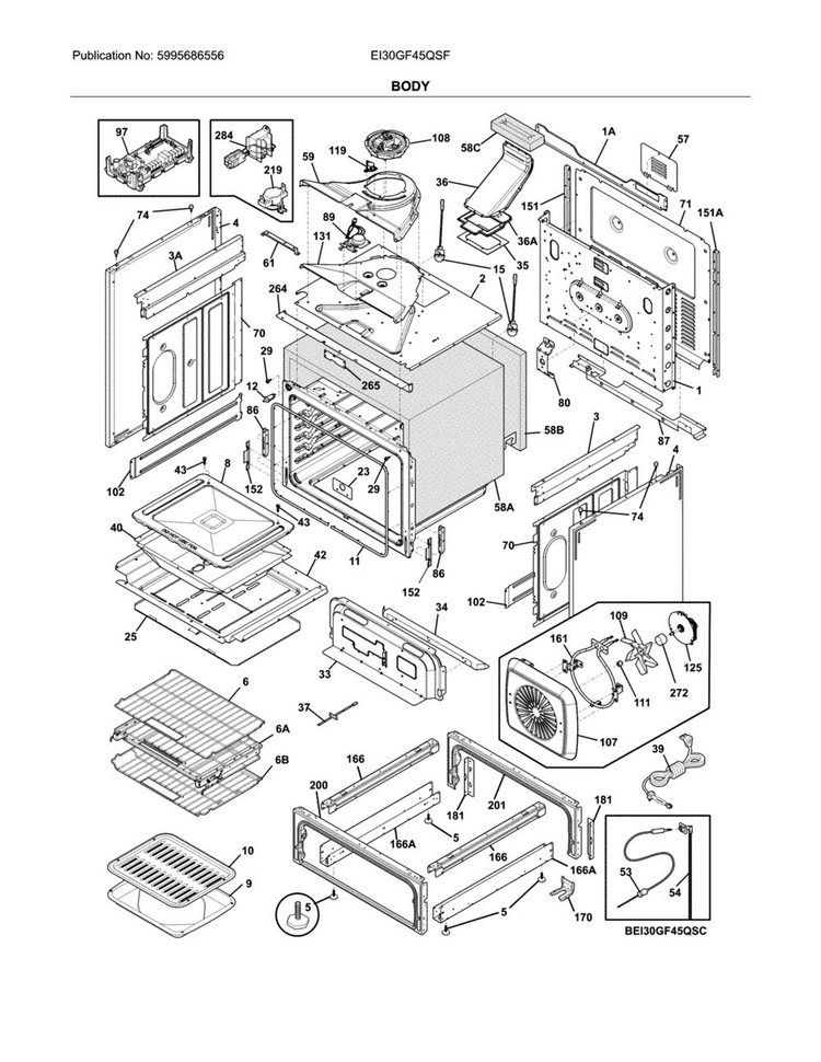 Body Diagram and Parts List for EI30GF45QSF  Electrolux Range