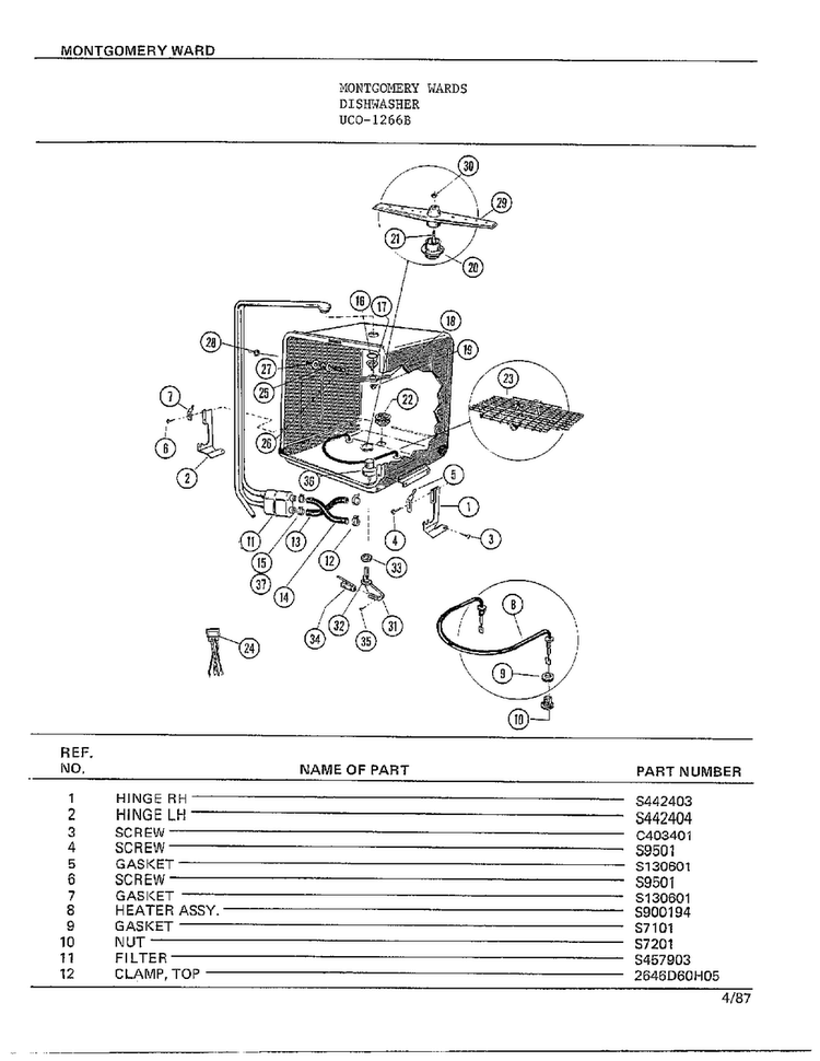 Dishwasher Page 4 Diagram and Parts List for 1266B  Frigidaire Dishwasher