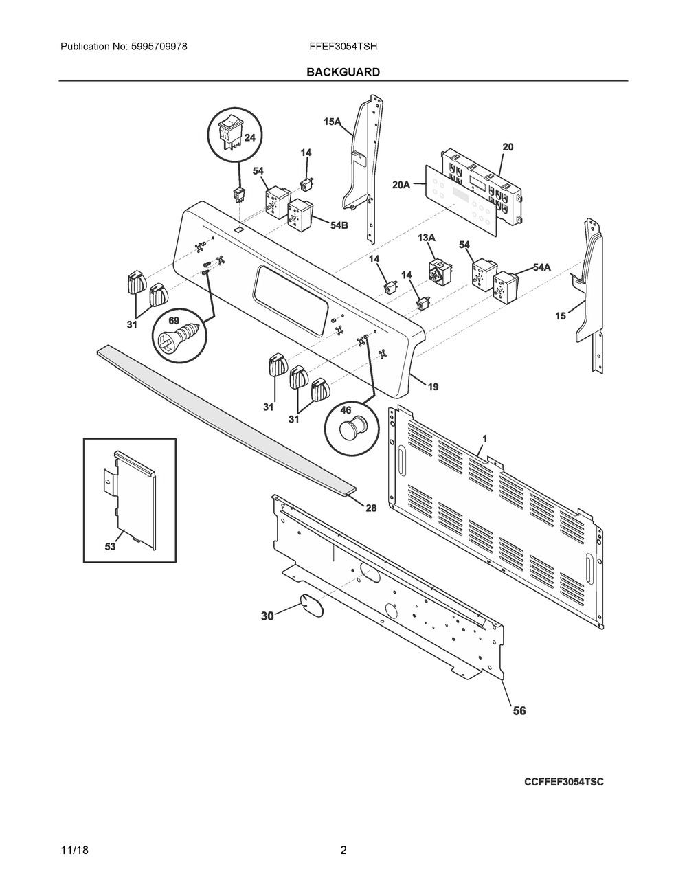 Backguard Diagram and Parts List for FFEF3054TSH  Frigidaire Range