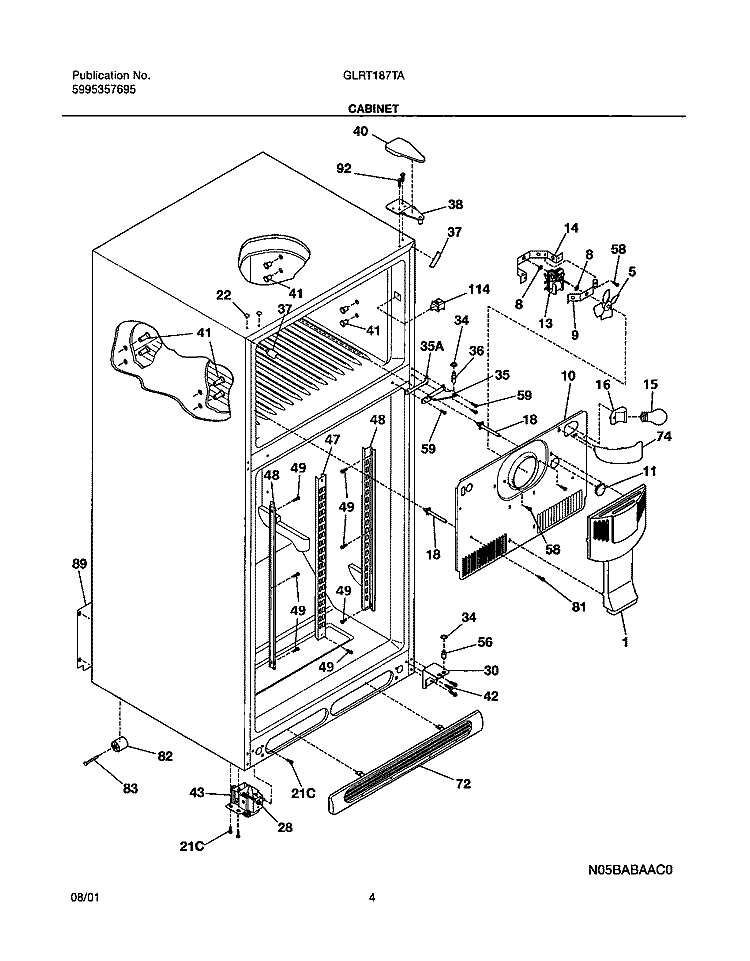 CABINET Diagram and Parts List for GLRT187TAQ0  Frigidaire Refrigerator