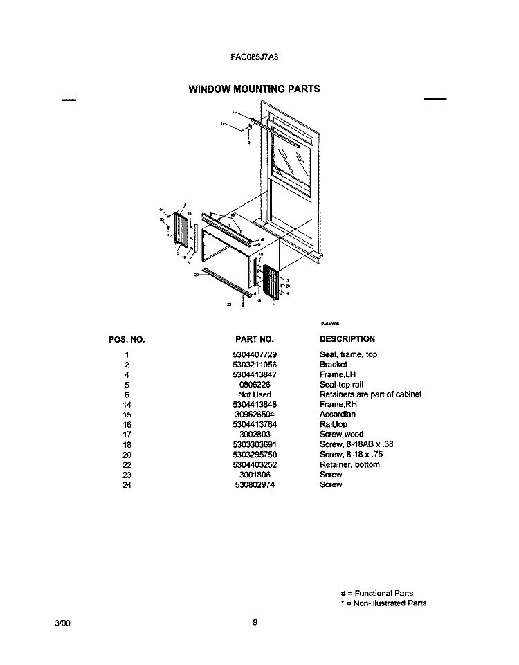 WINDOW MOUNTING PARTS Diagram and Parts List for FAC085J7A3  Frigidaire Air Conditioner