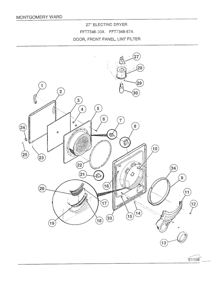 Door, Front Panel, Lint Filter Diagram and Parts List for 7348A  Frigidaire Dryer