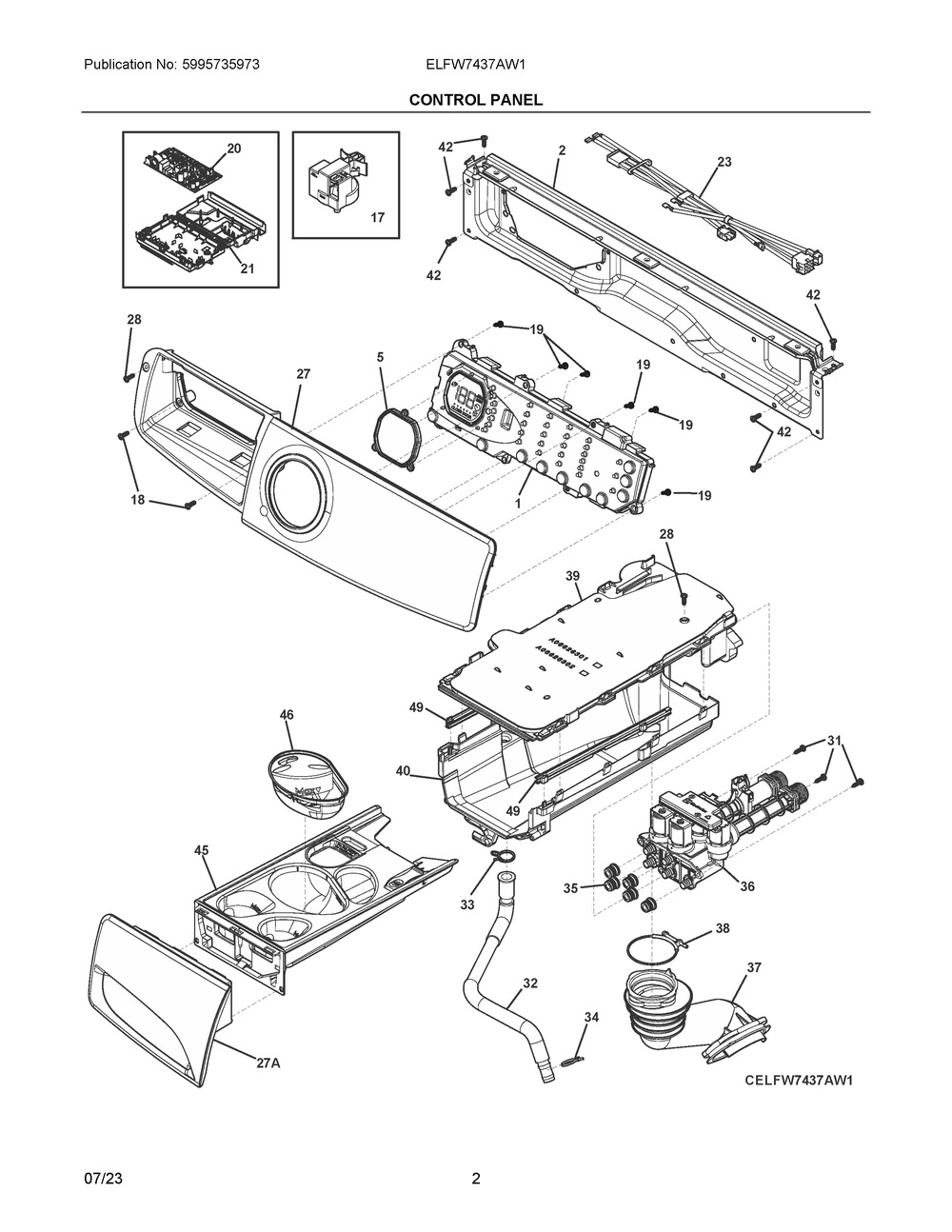 Control Panel Diagram and Parts List for ELFW7437AW1  Frigidaire Washer