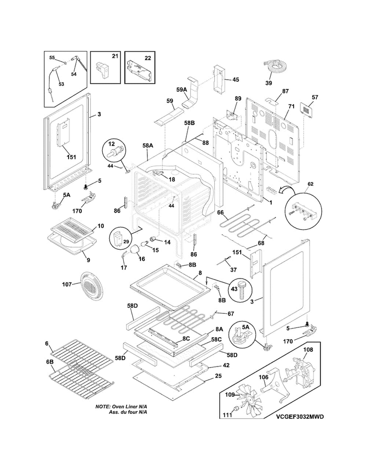 Body Diagram and Parts List for CGEF3032MFH  Frigidaire Range