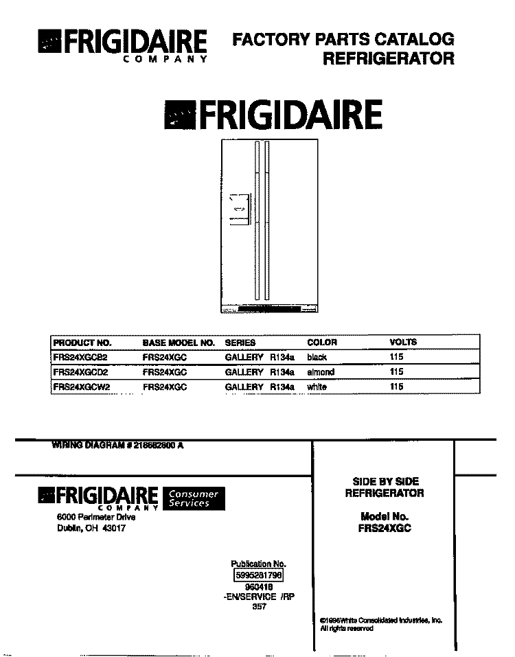 COVER Diagram and Parts List for FRS24XGCB2  Frigidaire Refrigerator
