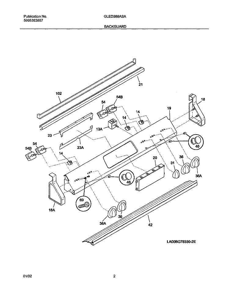 BACKGUARD Diagram and Parts List for GLED388ASA  Frigidaire Range