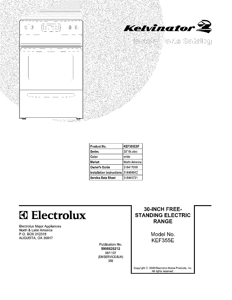 COVER Diagram and Parts List for KEF355ESF  Kelvinator Range