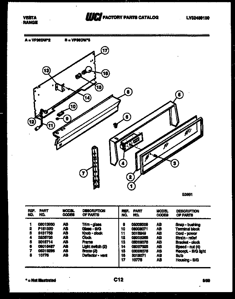 BACKGUARD Diagram and Parts List for VP36DW2-23  Frigidaire Range