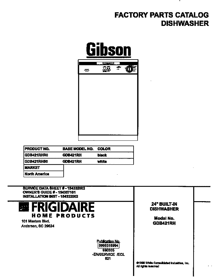 COVER Diagram and Parts List for GDB421RHS0  Gibson Dishwasher