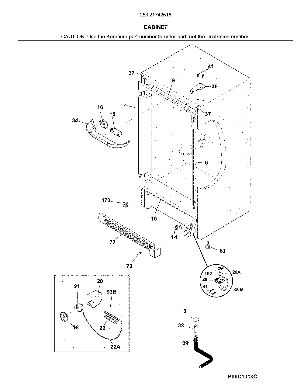 Cabinet Diagram and Parts List for 25321742516  Kenmore Freezer