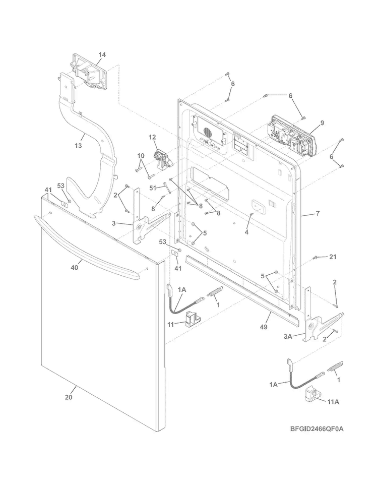 Door Diagram and Parts List for FGID2466QB0A  Frigidaire Dishwasher