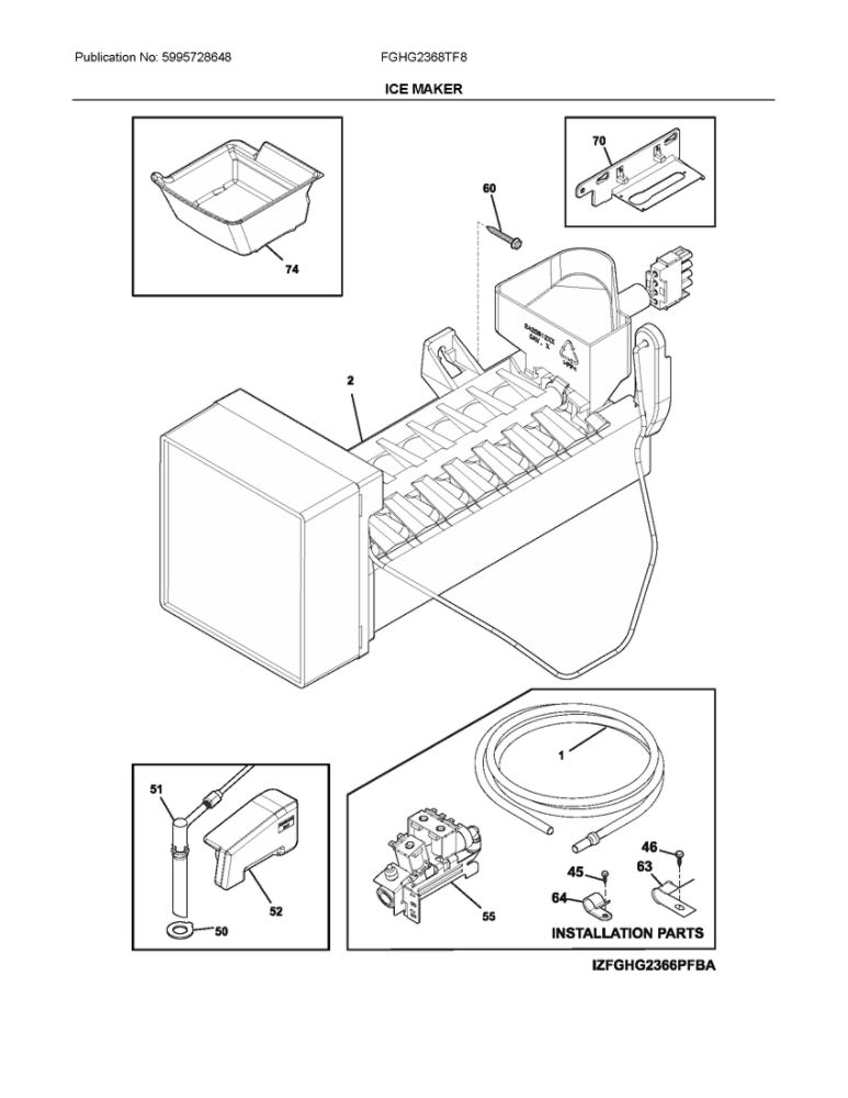 Ice Maker Diagram and Parts List for FGHG2368TF8  Frigidaire Refrigerator